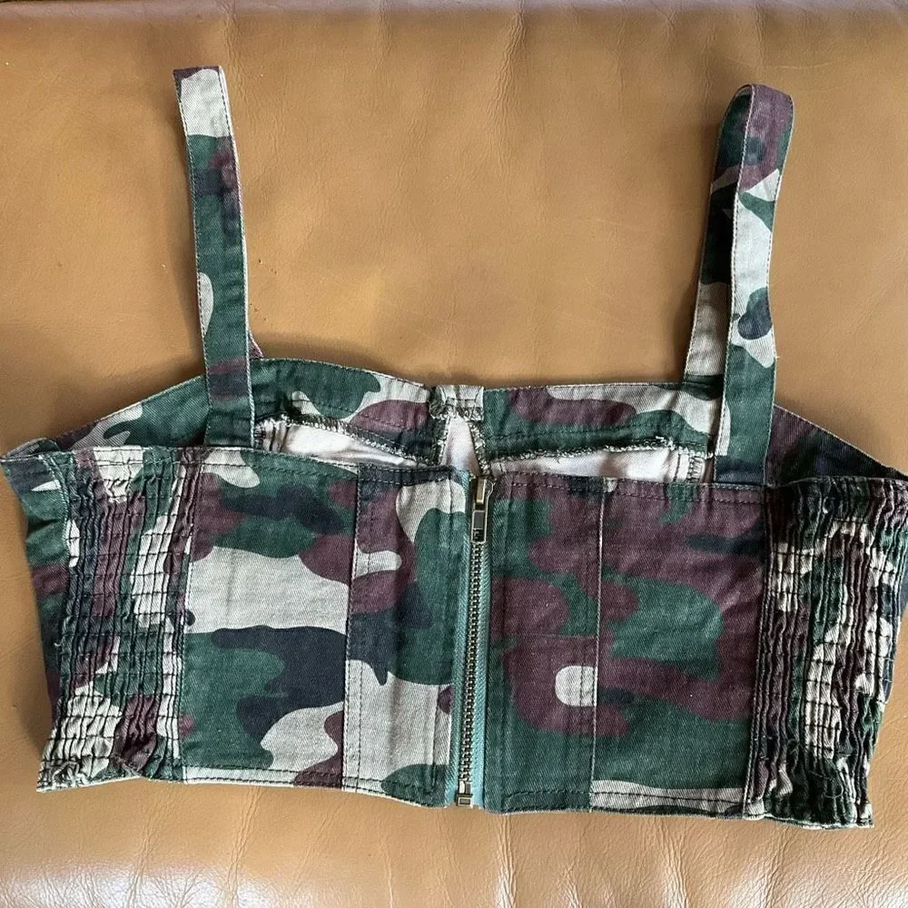 Camo Cropped Bustier, Medium. Smocked Zip up Back. Adorable!